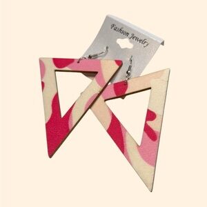 Retro Pink Cream geo Triangle cloth texture statement Earrings‎ glitchy glam